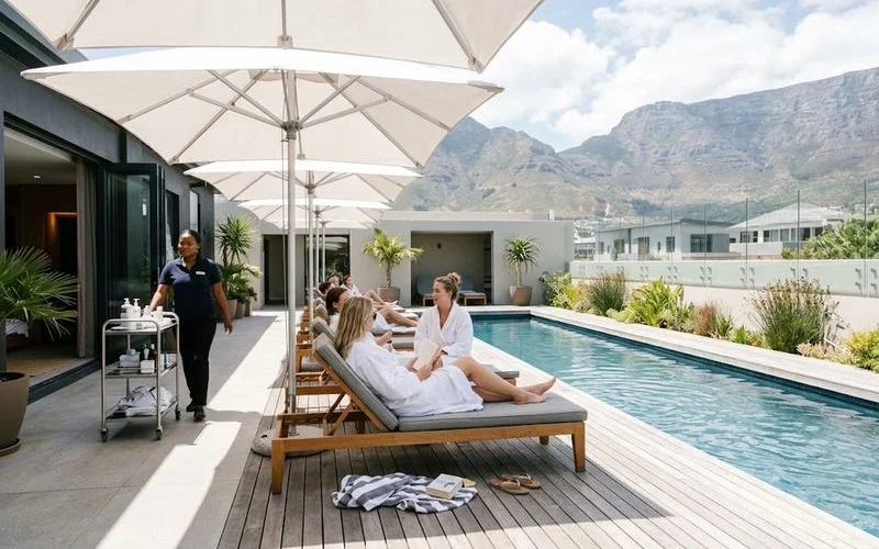 A calm Cape Town wellness resort exterior with mountain views representing the retreats listed in the directory
