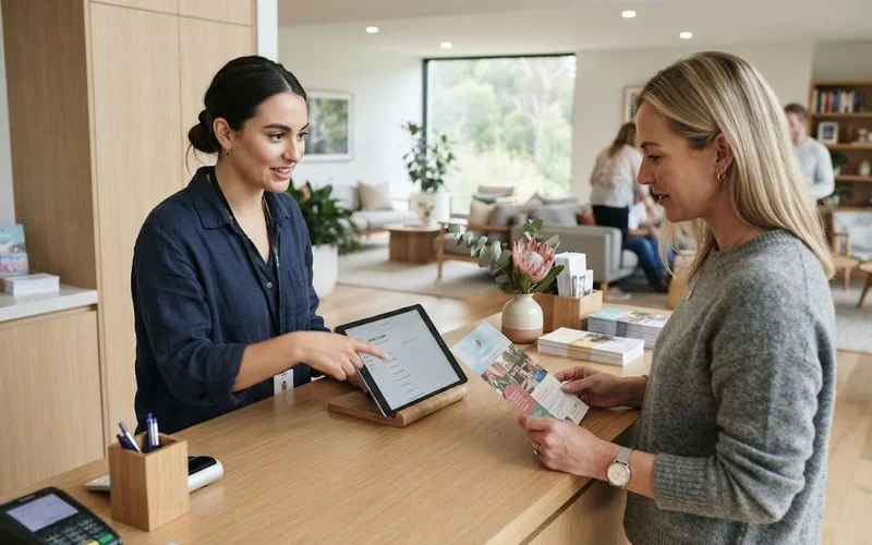 A relaxed guest reviewing a printed itinerary and questions list before checking in to a wellness retreat