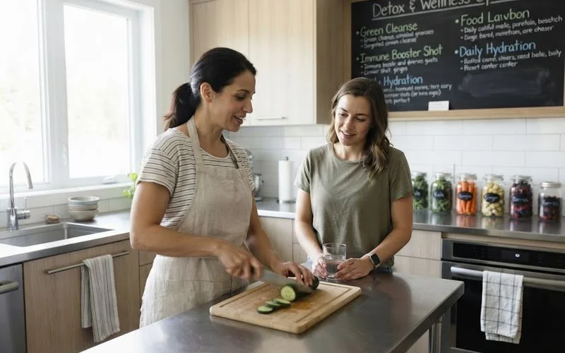 Fresh vegetables and a glass water jug set out on a wooden table, illustrating detox retreat meal preparation