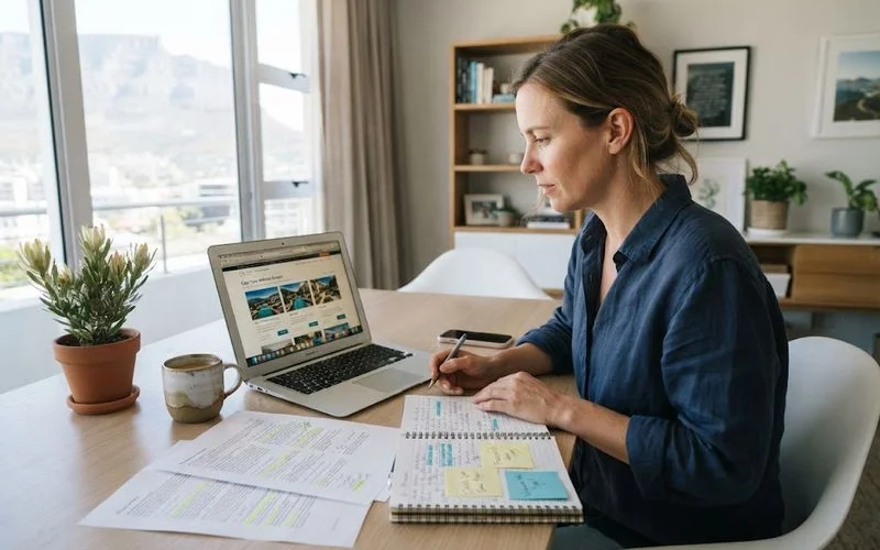 A researcher reviewing a spreadsheet of Cape Town wellness retreat listings alongside a laptop showing Google review data