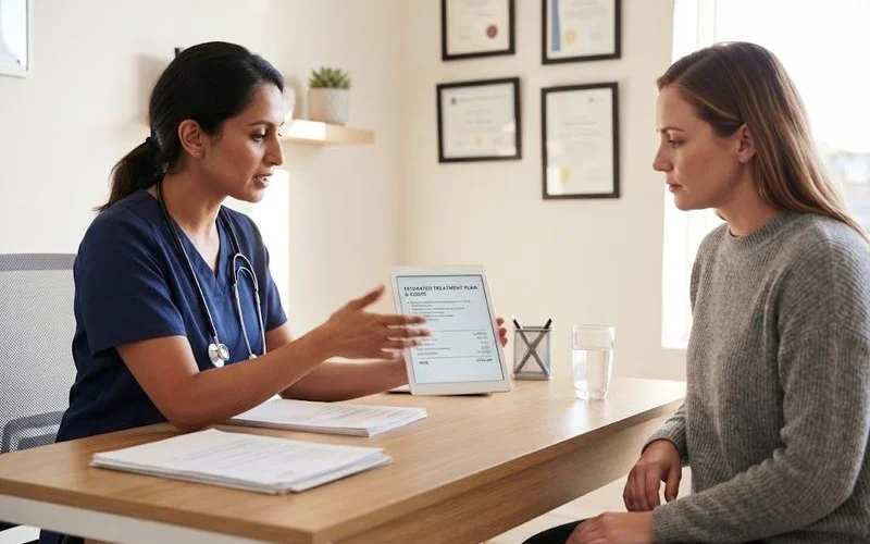 A clinician reviewing paperwork with a patient at a consultation desk, illustrating a medical wellness clinic intake process