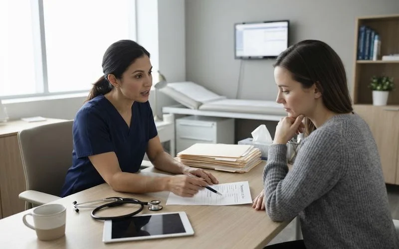 A doctor's consultation room with a desk, chair and medical charts, illustrating a first clinical assessment