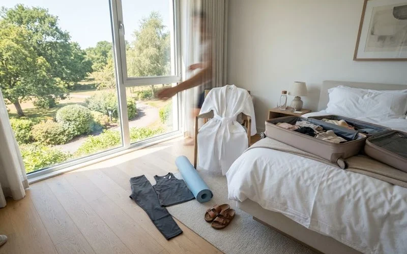 A packed travel bag with comfortable clothing, a water bottle and a journal laid out before a retreat trip