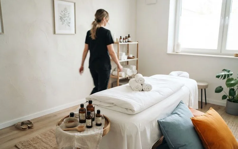 A calm spa treatment room with a massage table and soft lighting, illustrating a typical treatment session