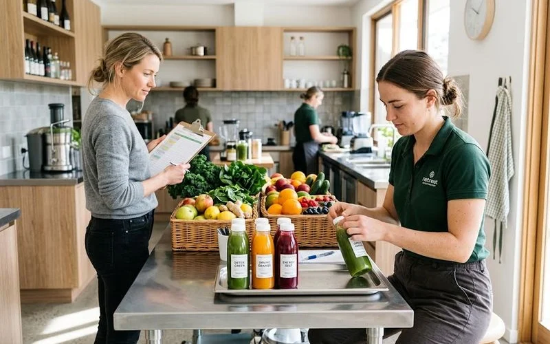 A retreat kitchen preparing fresh pressed juices in glass bottles, illustrating a supervised juice cleanse programme
